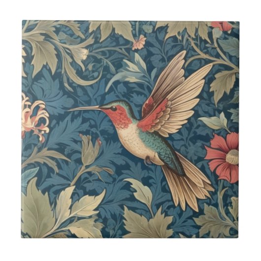 Ruby-throated hummingbird William Morris style Fliese (Vorderseite)