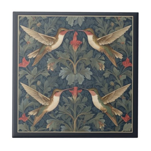 Ruby-throated Kolibris William Morris style Fliese (Vorderseite)