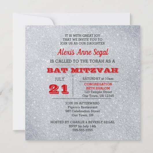 Ruby und Silver Glitzer Glam Bat Mitzvah Einladung (Vorderseite)
