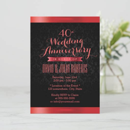 Ruby Wedding Anniversary Elegante Black Damask Einladung (Stehend Vorderseite)