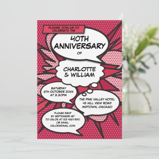 Ruby Wedding Anniversary Fun Comic Book Einladung (Stehend Vorderseite)