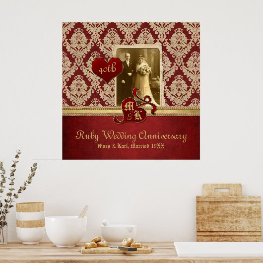 Ruby Wedding Jubiläum Antique Damask Gold Red Poster (Küche)