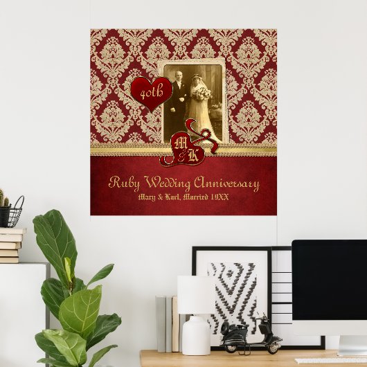 Ruby Wedding Jubiläum Antique Damask Gold Red Poster (Heimbüro)