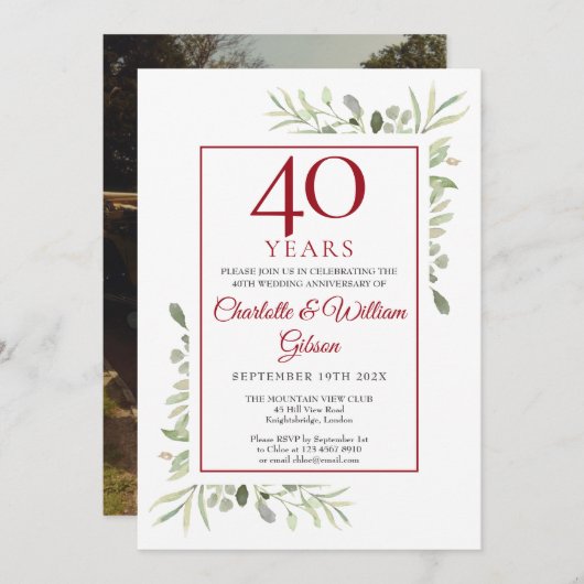 Ruby Wedding Jubiläumsgrün Foto Einladung (Vorne/Hinten)