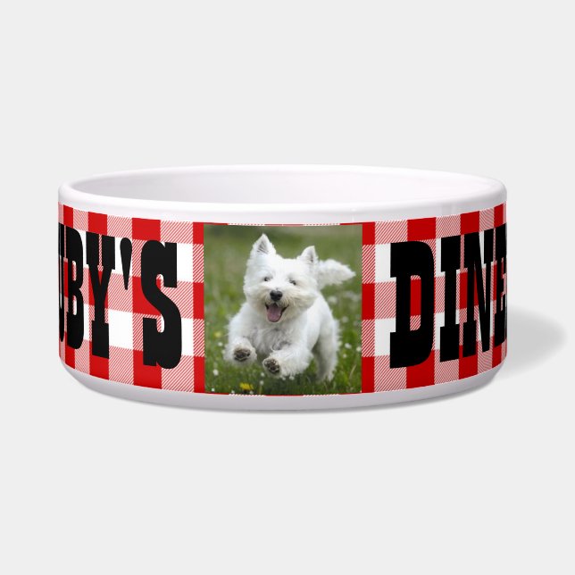 Ruby's Diner Dog's Name & Foto Red & White Karos Napf (Vorderseite)