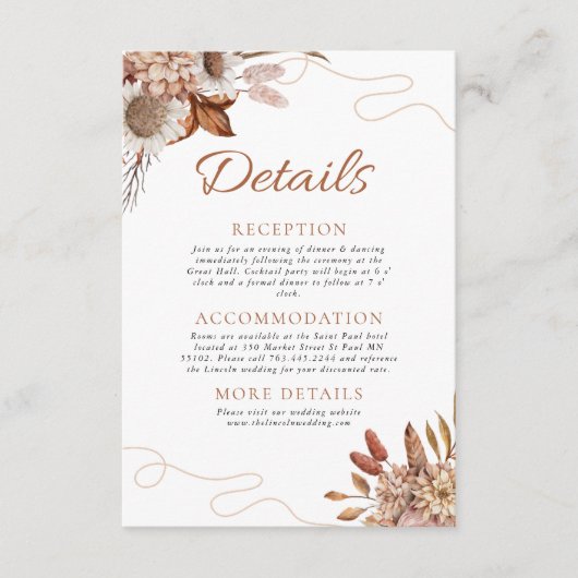 Rückgang der Liebe | Boho Blume Hochzeitdetails Begleitkarte (Vorderseite)