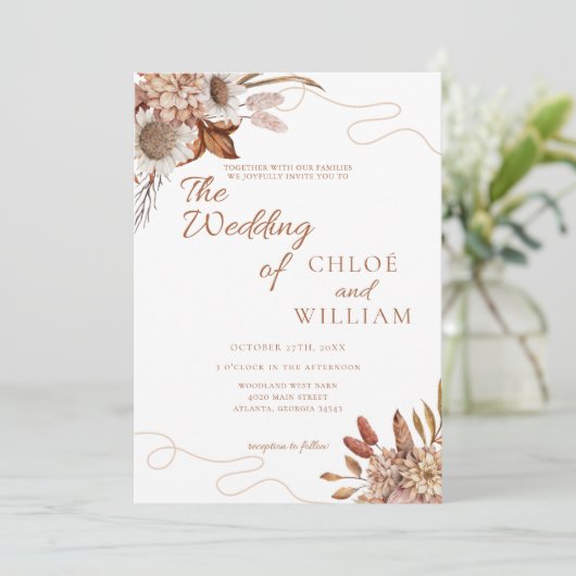 Rückgang der Liebe | Boho Blume Wedding Einladung (Stehend Vorderseite)