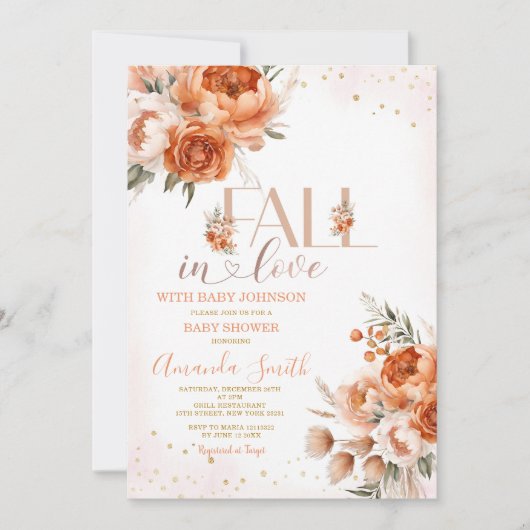 Rückgang der Liebe Burnt Orange Floral Baby Dusche Einladung (Vorderseite)