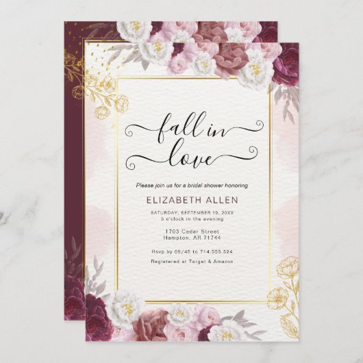 Rückgang der Liebe Fall Floral Burgund Brautparty Einladung (Vorne/Hinten)