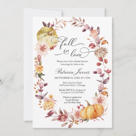 Rückgang der Liebe Herbst Blätter Pumpkin-Brautpar Einladung (Vorderseite)