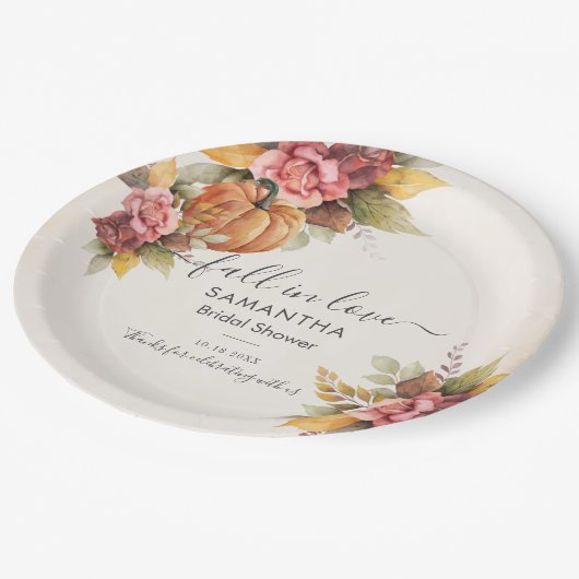 Rückgang der Liebe Herbst Blätter Pumpkin-Brautpar Pappteller (Schrägansicht)