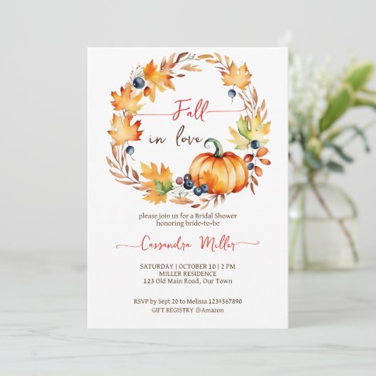 Rückgang der Liebe Kürbiskürbis Blätter Kranz Brau Einladung (Stehend Vorderseite)