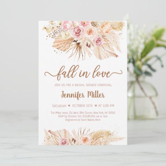 Rückgang der Liebe Pampas Grass Boho Brautparty Einladung (Stehend Vorderseite)