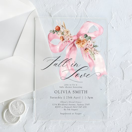 Rückgang der Liebe Pink Bow Floral Baby Dusche Acryleinladungen