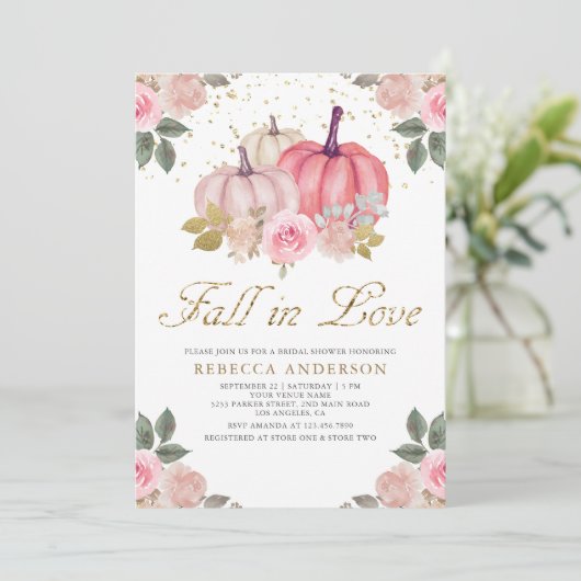 Rückgang der Liebe Pink Pumpkin Floral Brautparty Einladung (Stehend Vorderseite)