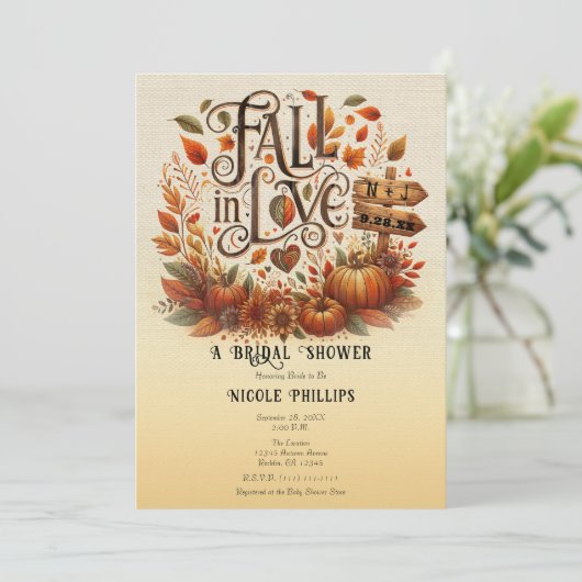 Rückgang der Liebe Pumpkins & Blätter Brautparty Einladung (Stehend Vorderseite)