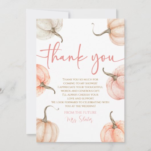 Rückgang der Liebe Rosa Orange Pumpkin Brautparty Dankeskarte (Vorderseite)