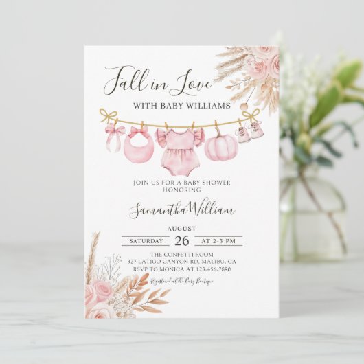 Rückgang der Liebe Rustikale Pink Pumpkin Baby Dus Einladung (Stehend Vorderseite)