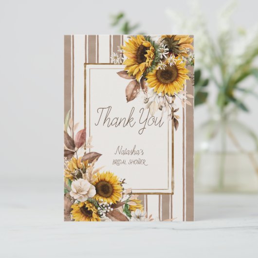 Rückgang der Liebe Sonnenblumen Braunstreifen Brau Dankeskarte (Stehend Vorderseite)