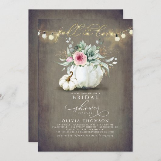 Rückgang der Liebe Succulents Pumpkins Brautparty  Einladung (Vorne/Hinten)