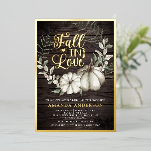 Rückgang der Liebe Weißes Pumpkin Brautparty Folieneinladung (Stehend vorne)