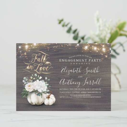 Rückgang der Liebe White Pumpkin Rustic Engagement Einladung (Stehend Vorderseite)