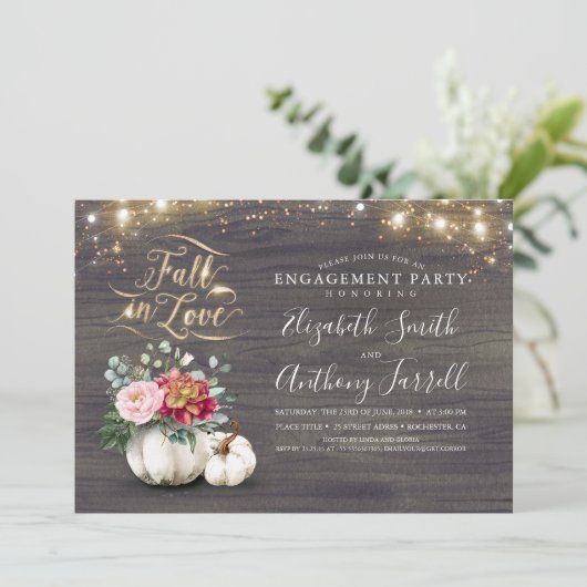 Rückgang der Liebe White Pumpkin Rustic Engagement Einladung (Stehend Vorderseite)