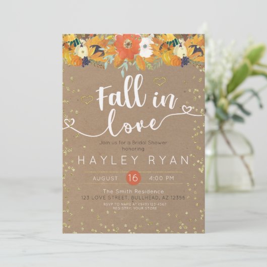 Rückgang in Liebe Flora Blätter Pumpkin Brautparty Einladung (Stehend Vorderseite)