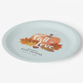 Rückgang in Liebe Pumpkin Blätter Blue Baby Shower Pappteller (Schrägansicht)