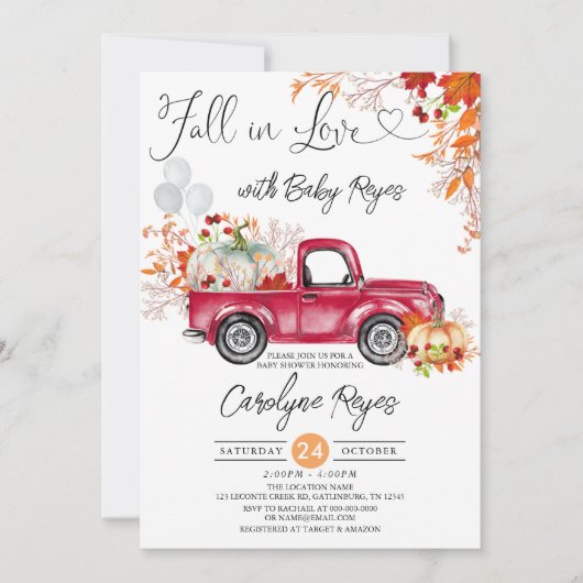 Rückgang in Liebe Red Pumpkin Lieferwagen Truck Ba Einladung (Vorderseite)