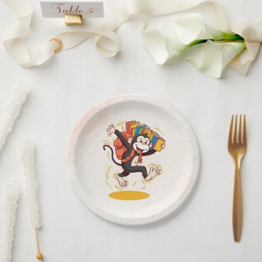 Rucksack und Buchspass für den Cartoon der Affen Pappteller (Hochzeit)