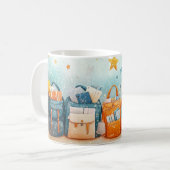 Rucksäcke und Schulmaterial für den Schulbeginn. Kaffeetasse (Vorderseite Links)