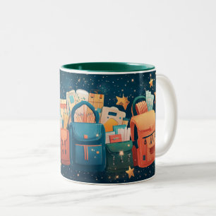Rucksäcke und Schulmaterial für den Schulbeginn.  Zweifarbige Tasse