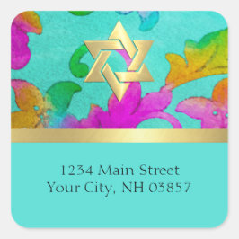 Rücksendeadresse Aqua und rosa WasserfarbenDamast Quadratischer Aufkleber