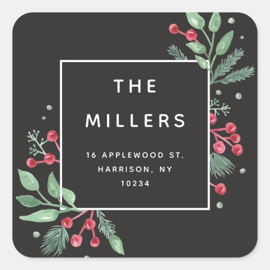 Rücksendeadresse-Aufkleber für Winter Berries Quadratischer Aufkleber (Vorderseite)
