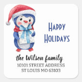Rücksendeadresse Blue Red Penguin Happy Holidays Quadratischer Aufkleber (Vorderseite)