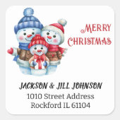 Rücksendeadresse Blue Red Snowman Family Quadratischer Aufkleber (Vorderseite)