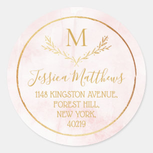 Rücksendeadresse Blush Pink & Gold Wreath Monogram Runder Aufkleber