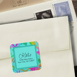 Rücksendeadresse Colorful Damask Aqua Quadratischer Aufkleber