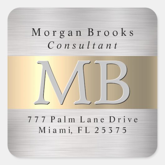 Rücksendeadresse-Etikett, gebürsteter Stahl & Gold Quadratischer Aufkleber (Vorderseite)
