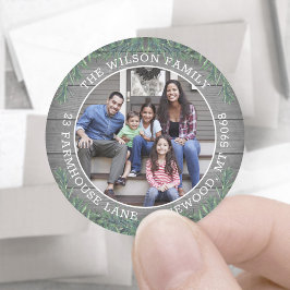 Rücksendeadresse & Foto Weihnachtsgrün & Holz Runder Aufkleber