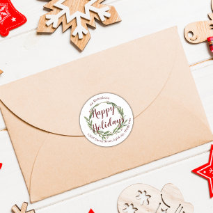 Rücksendeadresse für Pine Wreath Happy Holidays Runder Aufkleber