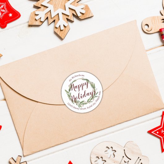 Rücksendeadresse für Pine Wreath Happy Holidays Runder Aufkleber