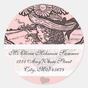 Rücksendeadresse für Vintage Girl-Rosa-Blume Runder Aufkleber