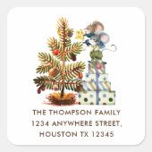 Rücksendeadresse niedlich Mäuse Weihnachtsbaum Quadratischer Aufkleber (Vorderseite)