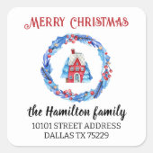 Rücksendeadresse Red House Wreath Frohe Weihnachte Quadratischer Aufkleber (Vorderseite)