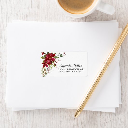 Rücksendeadresse Watercolor Red Poinsettia Holly Adressaufkleber (Insitu)