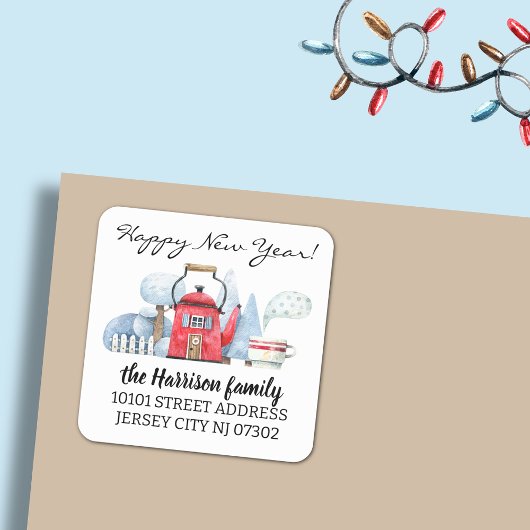 Rücksendeadresse Watercolor Weihnachtshaus Quadratischer Aufkleber