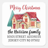 Rücksendeadresse Watercolor Weihnachtshaus Quadratischer Aufkleber (Vorderseite)