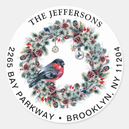 Rücksendesiegel für Weihnachtskranz und Bullfinch Runder Aufkleber (Vorderseite)